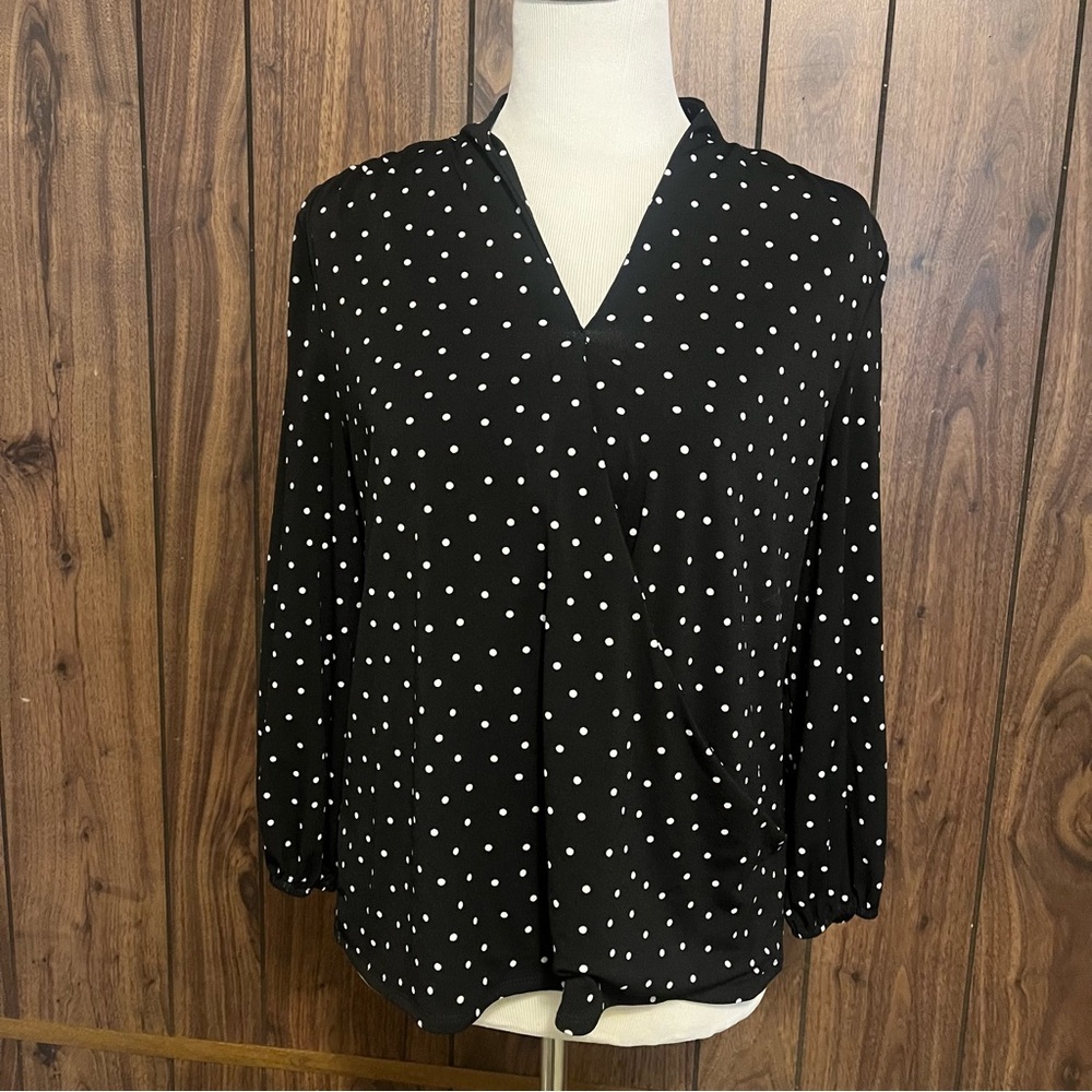 Adrianna Papell Black/white Polka Dot Long Sleeve Pullover Blouse Sz L